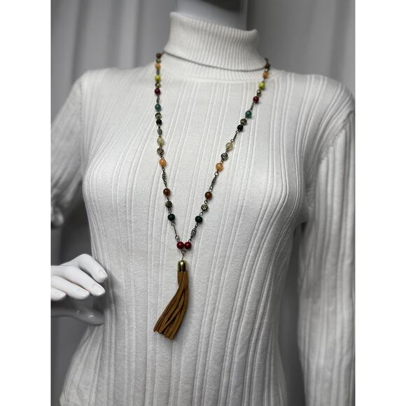 Chico's beaded pendant tassel necklace signed costume jewelry neutral natural - Picture 8 of 12